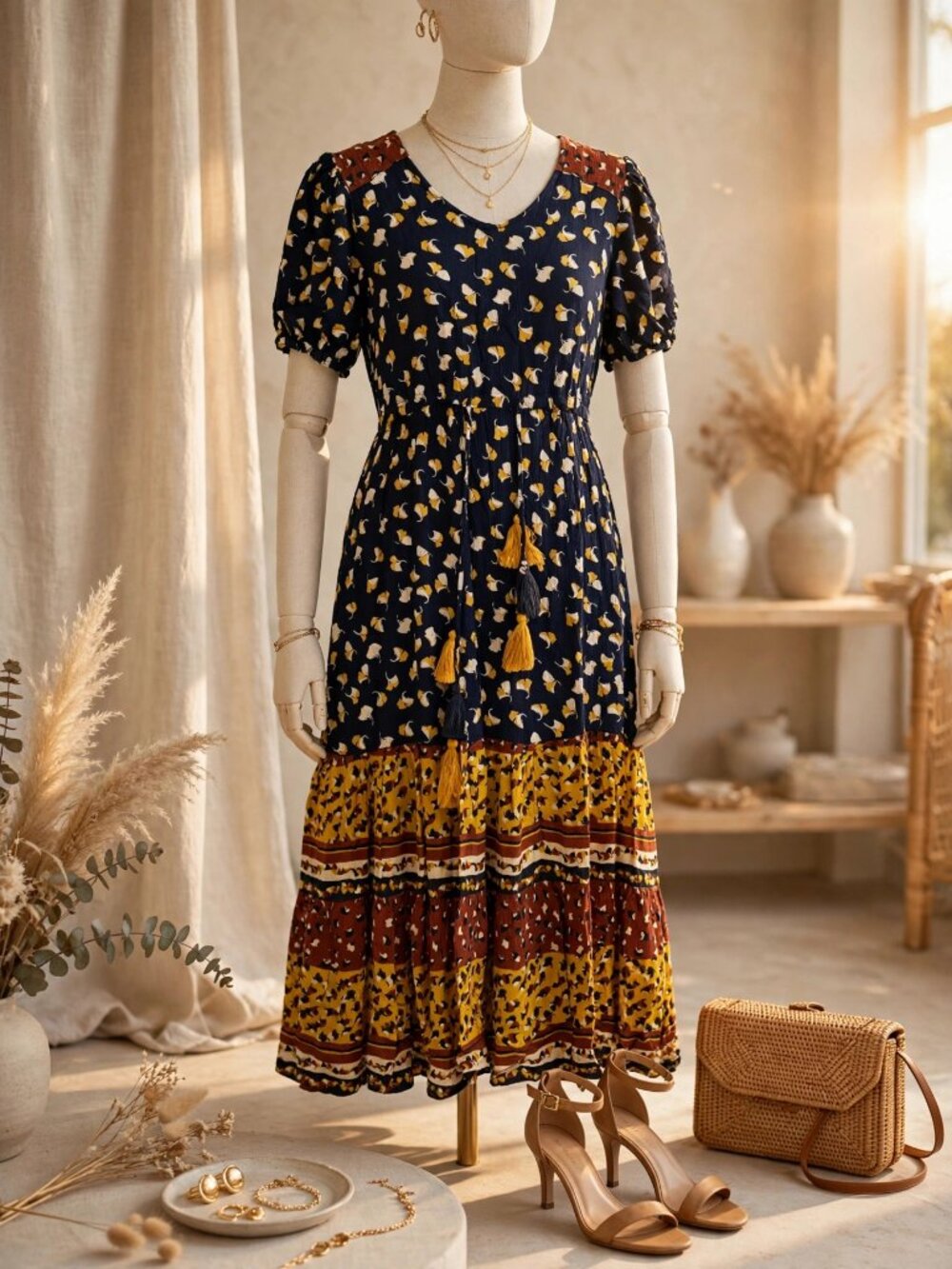 Navy Floral Midi Dress with Mustard Tassel Detail